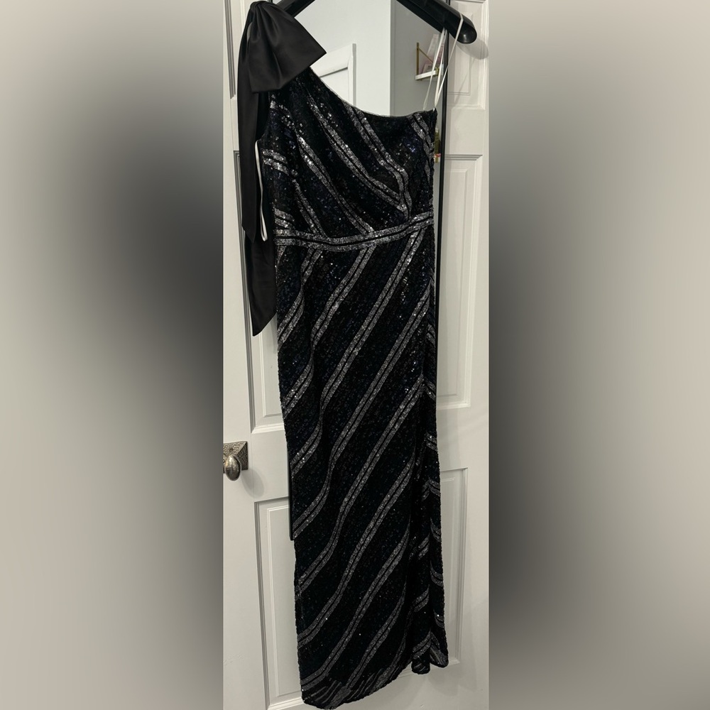 Marchesa Notte One-Shoulder Bow-Embellished Striped Sequined Tulle Gown